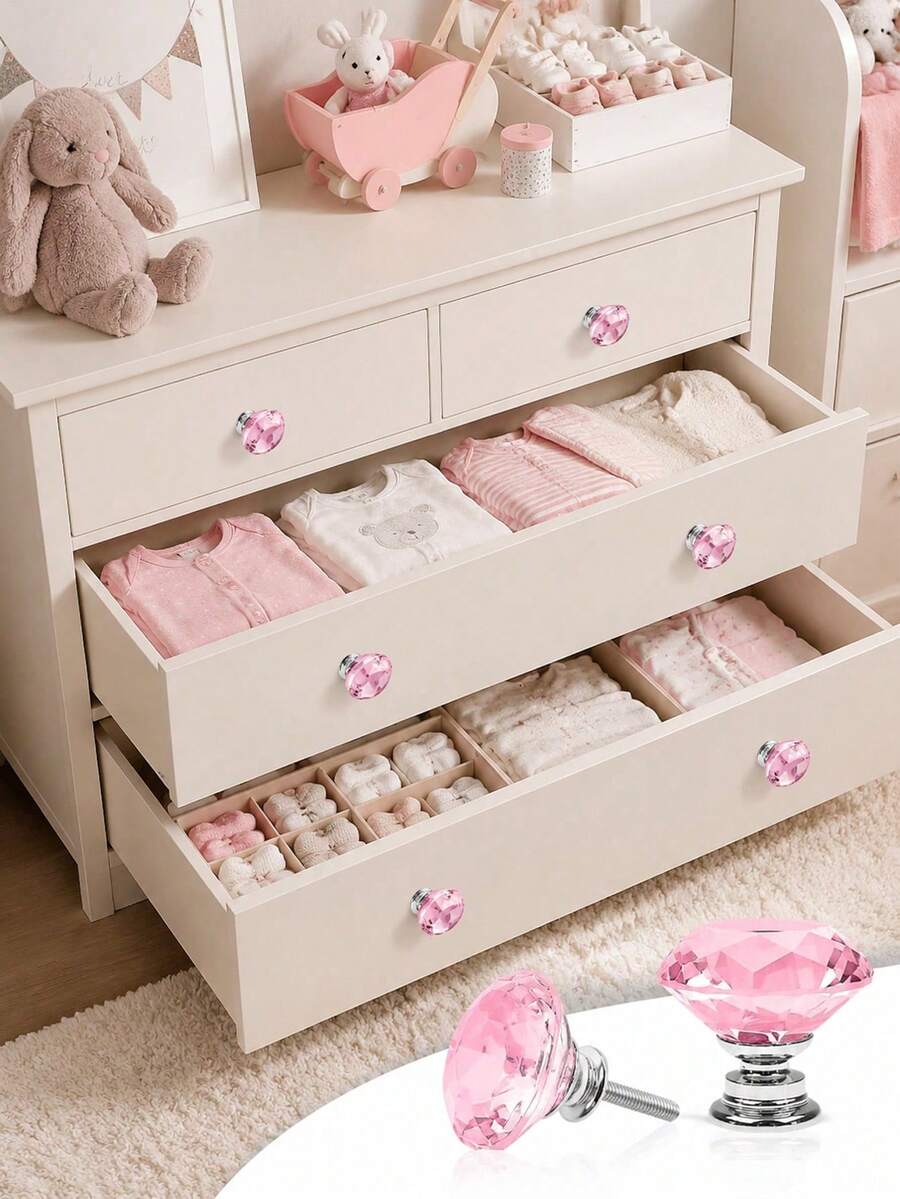1/2/4/8pcs Pink Crystal Drawer Pulls, Diamond Style Cabinet Handles With Screws, Nursery Dresser Furniture Decor Accessories - Multicolor - View 1