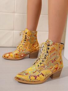 Women's Vintage Jacquard Ankle Boots, Pointed Toe Lace-Up Chunky Heel Ankle Boots, Chinese Style Floral Fabric - Yellow - View 2
