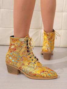 Women's Vintage Jacquard Ankle Boots, Pointed Toe Lace-Up Chunky Heel Ankle Boots, Chinese Style Floral Fabric - Yellow - View 5