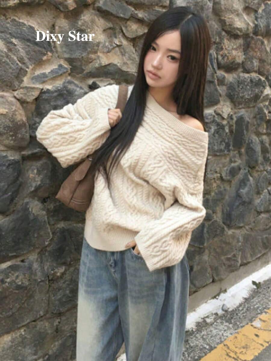 French Style Asymmetrical Shoulder Long Sleeve Sweater Women Winter New Loose Fit Slimming Tops - Apricot - View 1