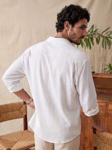 glestore Men's Vintage Old Money Style Textured Button White Shirt Four Seasons Casual Versatile Style - White - View 2