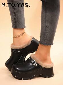Women's Metal Square Buckle Rivet Thick Sole Mule Slippers, Closed Toe Backless Casual Slouchy Half-Slip-On Shoes - Black - View 4