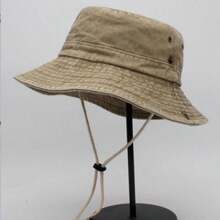 Unisex Washed Drawstring Bucket Hat, Solid Color Sun Protection Hat, Outdoor Casual Sports Cycling Vacation Summer Sun Hat - Khaki - View 2