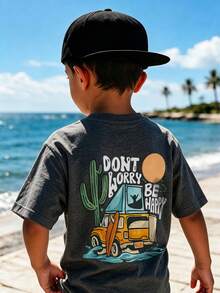Baby Boy Coastal Adventure Surf Car & Slogan T-Shirt, Loose Fit Beige Short Sleeve T-Shirt - Dark Grey - View 2