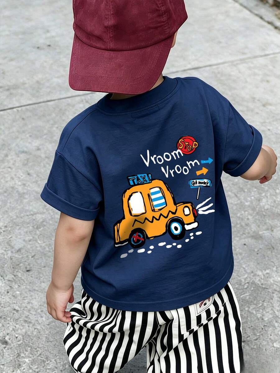 男嬰 Vroom Vroom 計程車印花 T 恤,卡通車輛圖案圓領短袖休閒夏季上衣 - 藏蓝色 - 查看 1