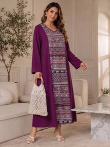 Plus Size Woven Fabric Loose Fit Casual Home Wear Dress, Autumn - Multicolor - View 2
