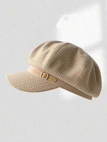 Waffle Octagonal Newsboy Cap, Black, Metal Buckle Decor, Vintage Casual Style, Autumn/Winter - Multicolor - View 6