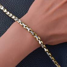 Classic Hip-Hop Street Style Stainless Steel Gold & Silver Dual-Tone Square Flat Bracelet, Unisex, Suitable For Daily Wear And Party - Multicolor - View 3