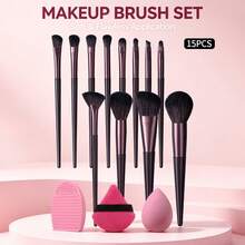 15Pcs Makeup Brush Kit, 12Pcs Face & Eye Makeup Brushes + Makeup Sponge + Triangle Powder Puff + Silicone Brush Cleaner, Soft Fiber For Foundation Blush Eyebrow Eyeshadow Daily Makeup - Coffee Brown - View 9
