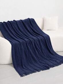 1pc Wavy Pattern Blanket, Nordic Style Acrylic Rectangle Tassel Solid Color Sofa Cover Blanket, Bedding Decor Throw Rug, Nap Blanket, Knitted Blanket - Vertical Stripes With Three Bends, Dark Blue - View 2