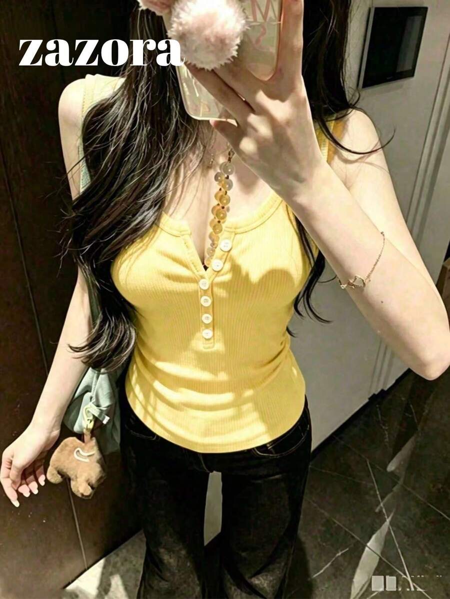 韓式性感U領鈕扣針織背心 女款休閒四季款 - 黃色 - 查看 1