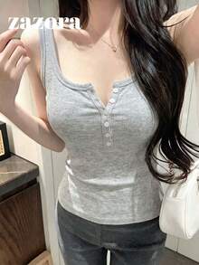 韓式性感U領鈕扣針織細肩帶背心上衣，女款，四季皆宜 - 淺灰色 - 查看 4