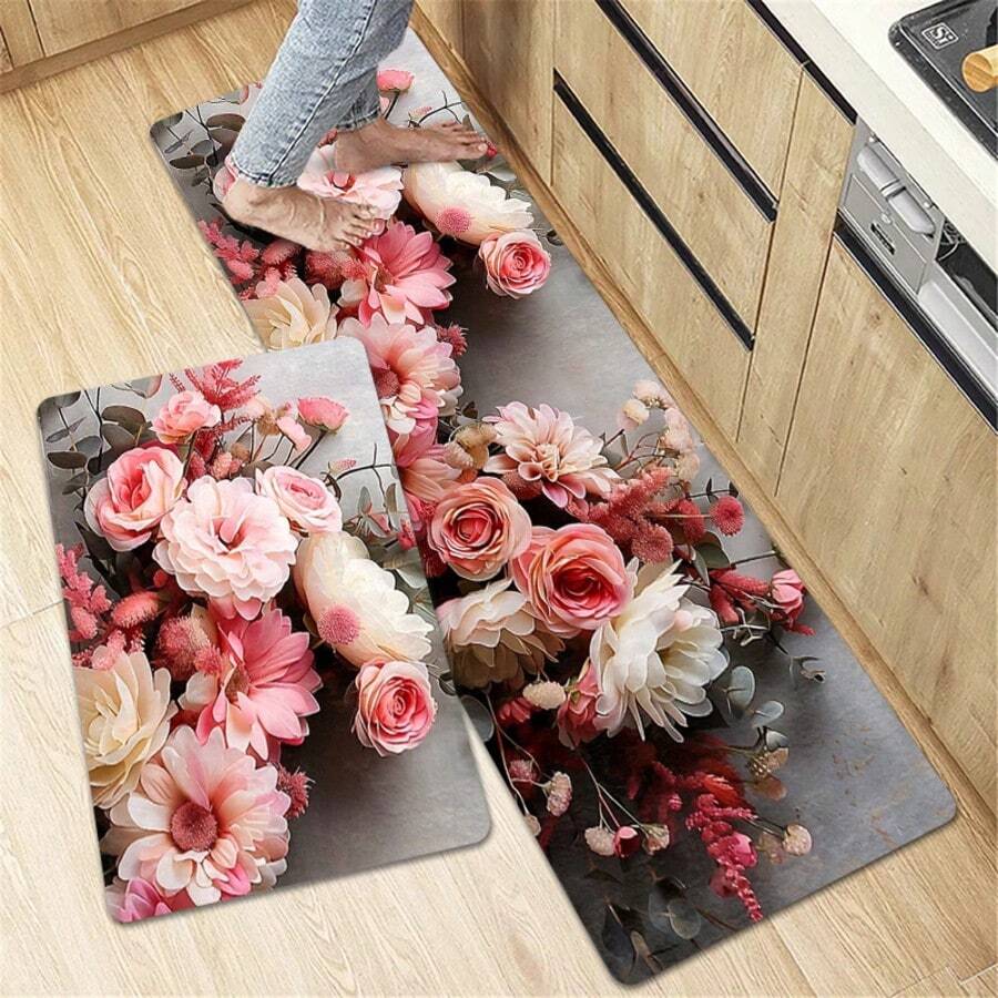 1pc Flannel Long Runner Mat, Vintage Oil Painting Style Pink Rose Large ...