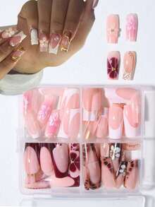 24 Pcs 3D Stereoscopic Gel Nails, Can Create Flower Nail Art, Decorated With Imitation Pearls, Square French Tips, Rectangular Perfect Fit Acrylic False Nail Set - Multicolor - View 4