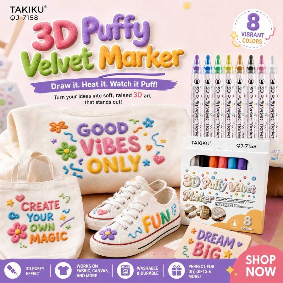 3D Fabric Markers, 8pcs Set 3D Fabric Markers, Fine Tip Fabric Paint Markers, Suitable For Clothing And Textiles, T-Shirts, Tote Bags, Hats DIY Handmade Garments