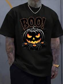 Herren Boo Pumpkin Bat Leuchtendes Orange Halloween Casual Plus Size T-Shirt Unisex - Schwarz - Übersicht 1