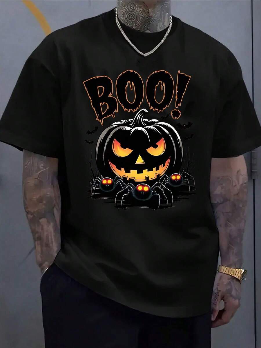 Herren Boo Pumpkin Bat Leuchtendes Orange Halloween Casual Plus Size T-Shirt Unisex - Schwarz - Übersicht 1