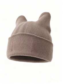 1pc Women's Fashion Solid Color Versatile 3D Cat Ear Knit Beanie Hat, Suitable For Autumn/Winter Daily Warmth And Travel Outfits - A - View 7