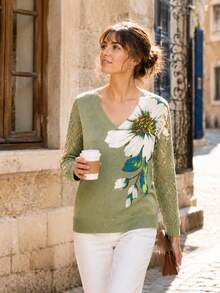 Elegant Floral Print V-Neck Long Sleeve Sweater, Versatile For Spring, Summer, Autumn, Winter, Bohemian Style, Travel Vacation Fall - Light Green - View 9