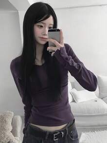 Autumn V-Neck Slim Fit Long Sleeve Base Layer T-Shirt - Purple - View 1