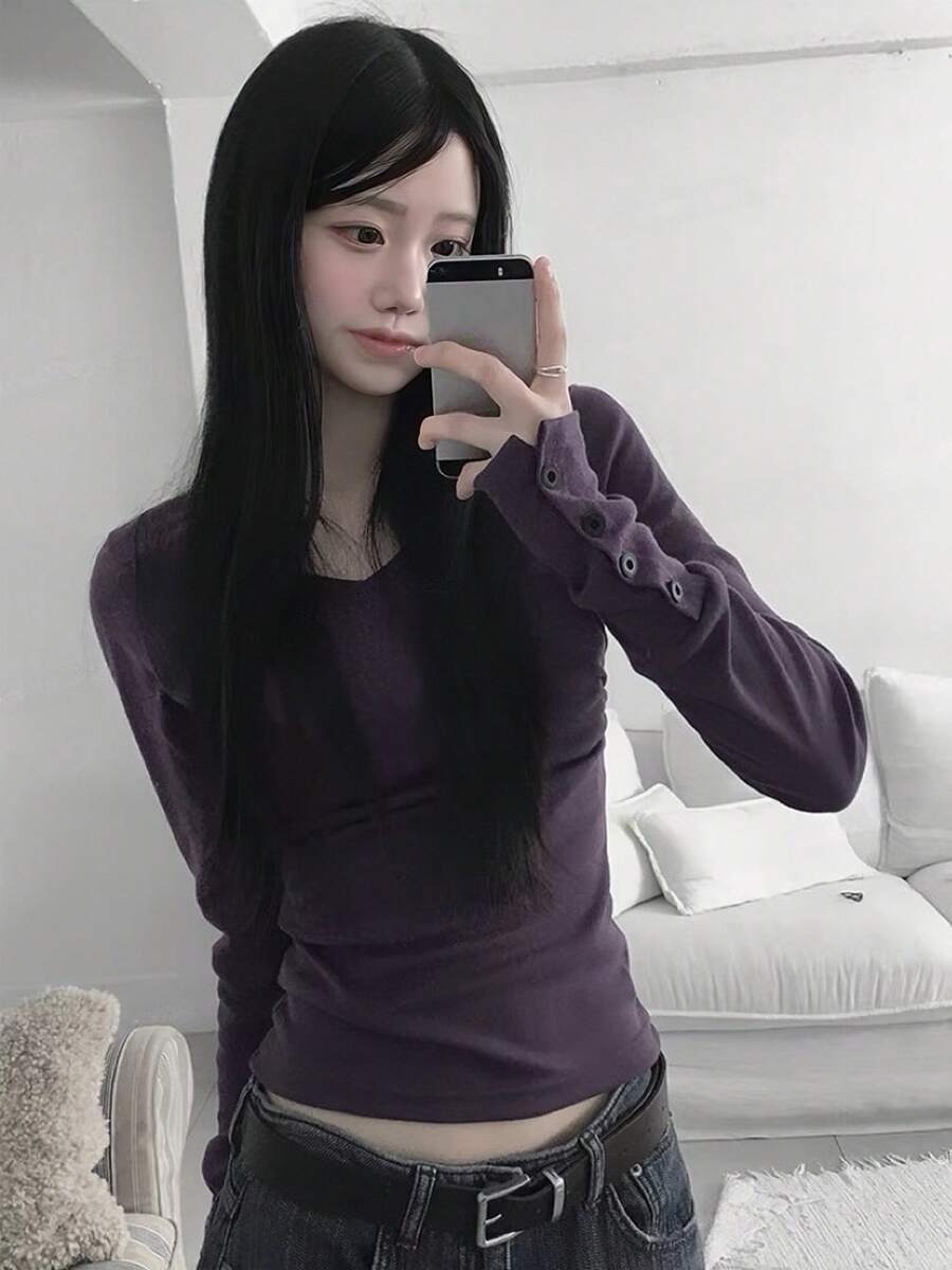 Autumn V-Neck Slim Fit Long Sleeve Base Layer T-Shirt - Purple - View 1