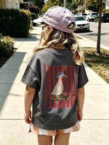 Toddler Girls Fashion Colorblock Striped Back Print Short Sleeve T-Shirt, Lightweight Soft Baby Everyday Wear Top - Dark Grey - View 3