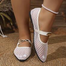 Women's Breathable Mesh Metal Buckle Decor Solid Color Pointed Toe Strap Flat Mary Jane Shoes French Gentle Style Daily Commute Summer White Mesh Low Vamp Shoes - White - View 4