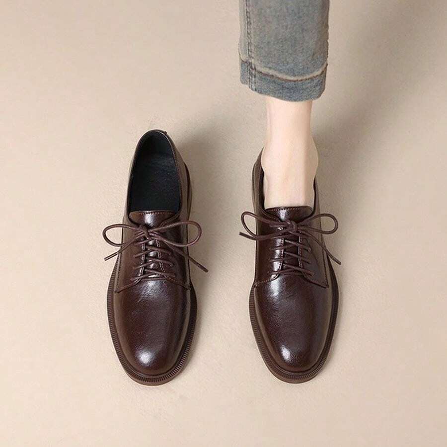 Vintage Lace-Up Women's Leather Shoes, British Style, With Heel, Suitable For Commuting, College Style, Black Versatile Shoes. - Dark Brown - View 1