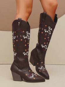 planare New Women's Popular Fashion Retro Western Style With Embroidered Floral Design Slip-On Pointed Toe Chunky Heel Brown Mid-Calf Boots - Brown - View 7