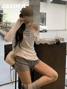 Áo thun dài tay chống nắng trong suốt cho nữ, màu trắng, cổ lệch, áo top bất đối xứng, phong cách gợi cảm - trắng - Xem 9