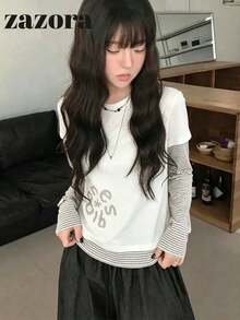 Kaos Lengan Panjang Patchwork Bergaris Gaya Korea 2 in 1 untuk Wanita, Atasan Longgar, Ramping, dan Serbaguna untuk Musim Gugur - Putih - View 4