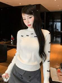 Women's Winter Korean Sweet Style Semi-High Neck 3D Bow Design Sweater, Autumn/Winter Slouchy Fashion Slimming Long Sleeve Knit Top - Apricot - View 5