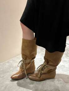 Autumn New Women's Black Low Chunky Heel High-Top Pointed Toe Leather Boots - Brown - View 4