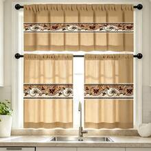 2pcs/1pc Kitchen Curtain Set, Khaki Solid Base Vintage Scroll Floral Border Stripe Pattern Printed Curtain Combination, 2D Flat Print, Pole Pocket Layered Curtain, Suitable For Kitchen, Restaurant, Home Decoration, Window Curtain Decor - Multicolor - View 6