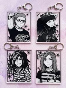 1pc/4pcs Tokio Hotel Anime Aesthetic Acrylic Keychains, German Rock Band Tokio Hotel Members 2D Anime Manga Style Rectangular Black & White Illustration Pattern Pendant, Backpack & Car Key Accessory, Gift For Rock Music Fans & Supporters - Multicolor - View 4