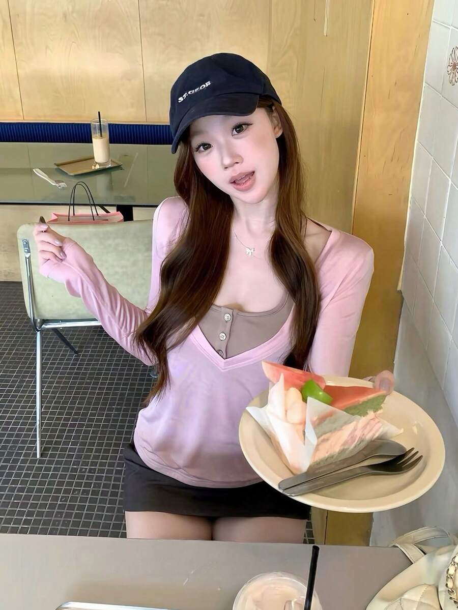 韓式純甜風 2 合 1 長袖女款上衣 T-shirt - 粉色 - 查看 1