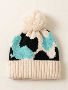 Children's Thick Warm Knitted 3-Piece Set, Colorblock Random Pattern Cute Cow Print Pom Pom Hat + Gloves + Scarf - Multicolor - View 5