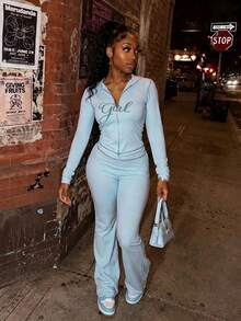 FQLWL Women's Casual Street Style Tracksuit, Printed Zip-Up Hoodie And Pants Set, Long Sleeve 2-Piece Outfit Spring Elegant - Blue - View 2