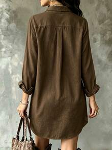 Women's Khaki Long Sleeve Polyester Button-Down Shirt Dress, With Collar, Button Front, Roll-Up Sleeves And High-Low Curved Hem, Loose Casual Top, Front Short Back Long Design, Suitable For Spring & Autumn Street Wear, Spring - Khaki - View 4