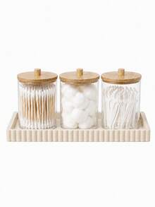 1/3/4-Piece Cotton Swab Storage Set – Plastic Canister With Lid (Suitable For Cotton Balls, Cotton Pads, And Swabs), Bamboo Bathroom Accessory, Bathroom Storage Jar With Lid - Multicolor - View 8