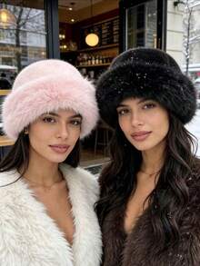 1pc Women's Plush Wide Brim Bucket Hat, Winter Fluffy Warm Bucket Hat, Fashionable And Comfortable, Suitable For Street Style - Multicolor - View 4
