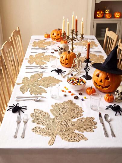12pcs Gold Maple Leaf Placemats, PVC Material Halloween Foil Stamped Vase Mats, Holiday Atmosphere Wall Decor Stickers, Washable, Easy To Clean, Wipeable, Non-Slip, Heat Resistant, For Room Decoration, Home Dining Table Decoration, Home Decor, Suitable For Holidays, Parties, Birthdays, Weddings And Dinner Parties