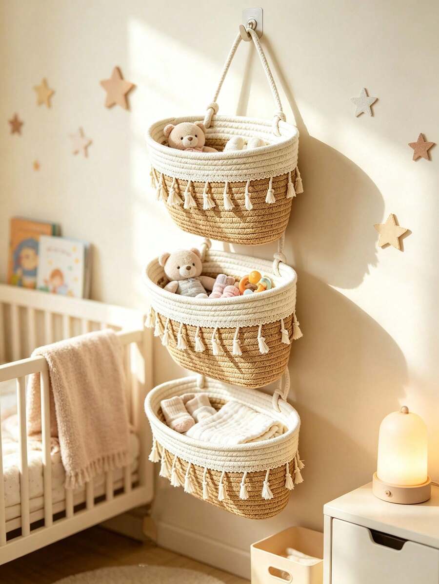 3-Layer Tassel Woven Hanging Storage Bag, Nursery Wall Hanging Organizer, High-Aesthetic Baby Small Item Storage Bag - Multicolor - View 1