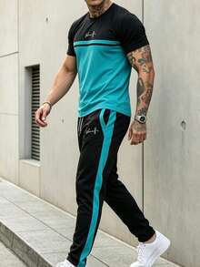 Men's Autumn/Winter Minimalist Comfortable Black & Green Colorblock Short Sleeve Top And Side Stripe Long Pants Set - Multicolor - View 3
