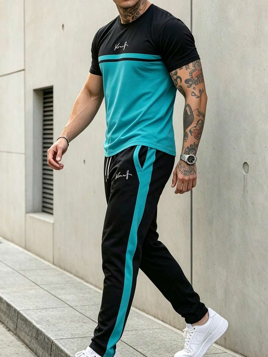 Men's Autumn/Winter Minimalist Comfortable Black & Green Colorblock Short Sleeve Top And Side Stripe Long Pants Set - Multicolor - View 1