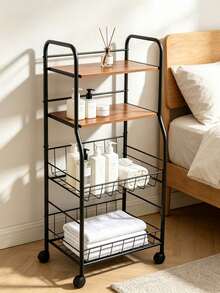 4‑Tier Rolling Storage Cart, Metal‑Wood Slim Organizer With Lockable Wheels & Wire Baskets, Mobile Storage Rack For Bathroom, Laundry, Kitchen Narrow Corner, Perfect For Home Users Storing Towels, Toiletries & Cleaning Supplies - Multicolor - View 2