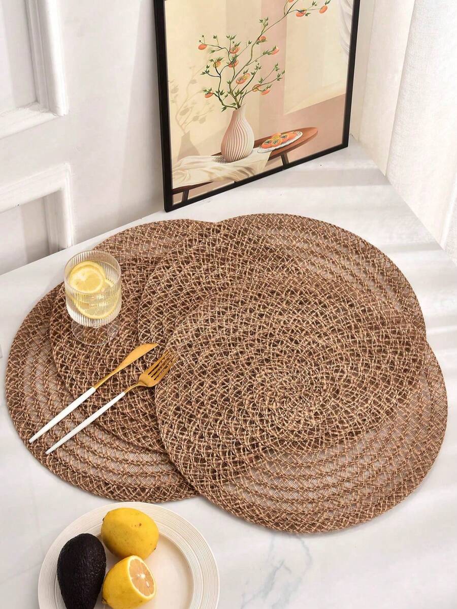 1/4/6/12pcs Bohemian Style Solid Color Woven Round Placemats, Dining Table Decor, Home Party Table Setting, Home Decoration, Christmas Decor, Halloween Decor, Thanksgiving, Back To School, Valentine's Day, Party - Mocha Brown - View 1