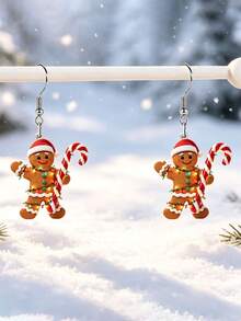 2D Flat Gingerbread Man Holding Candy Cane Acrylic Pendant Earrings With Floral Pattern, Perfect Gift For Pet Lovers, Suitable For Women, Parties And Christmas, All-Season Fashion Accessory, Gift - Multicolor - View 8