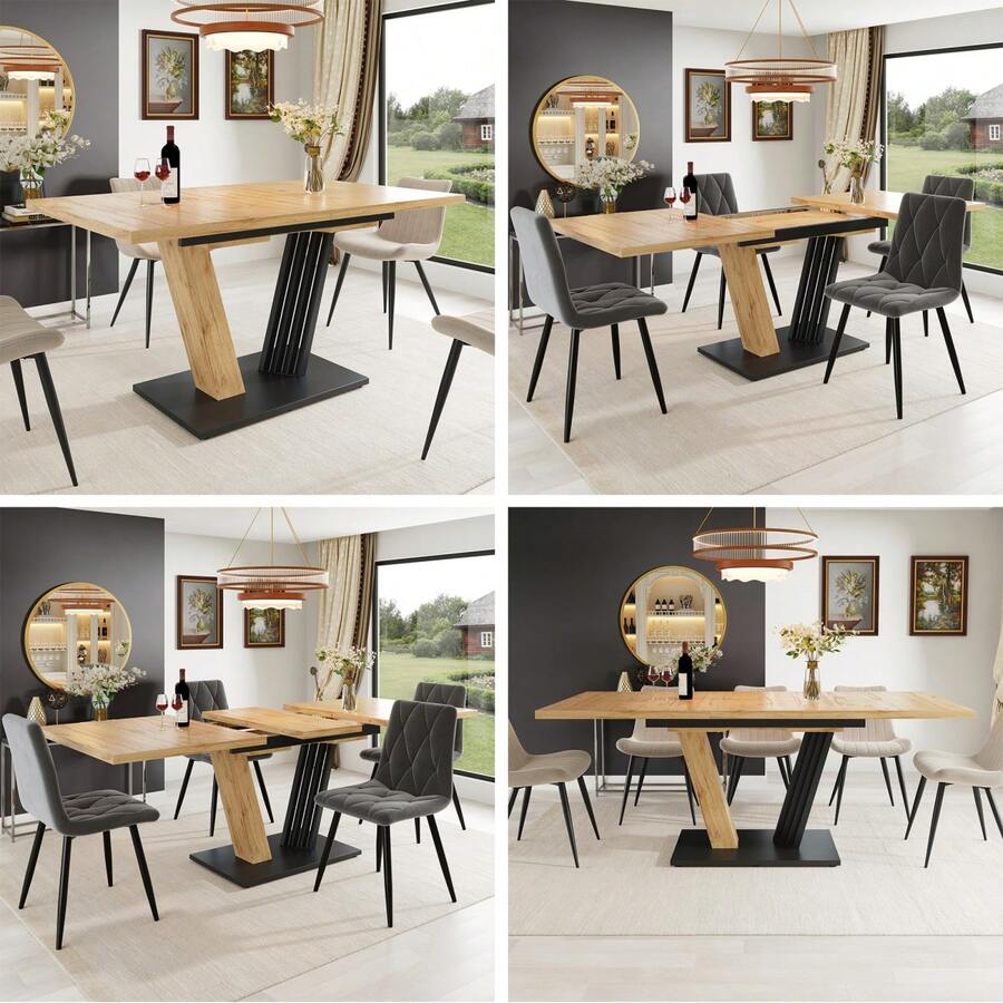 Dining Table Telescopic Table (120-160*75cm), Extendable Table, Extendable To 120-160cm With Aid Of Internal Insert Panels, Kitchen And Living Room, Dining Table With Black Marble Pattern - Multicolor + MDF - View 1