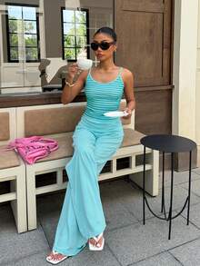 Women 2 Pieces Set Striped Cropped Camisole + Folded Waist Wide Leg Pants Casual Y2K Hot Girl Outfit - Mint Green - View 10